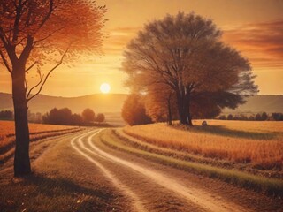 Vintage illustration of autumn meadow with small wildflowers during late autumn sunset with a sunflares in the background. Generative AI.