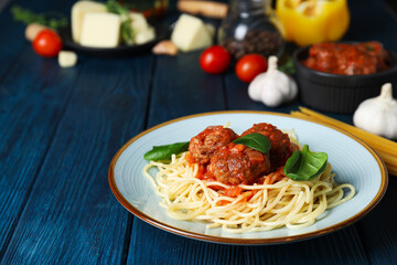 Pasta with meatballs, concept of tasty and delicious food