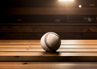 Timeless baseball on a wooden bench, illuminated by warm, focused light. Ideal for financial reports, fundraising materials, and charity event promotions, capturing nostalgia and athletic spirit.