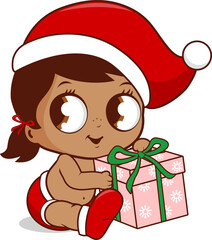 Cute baby with Santa Claus hat holding a Christmas present. Vector illustration