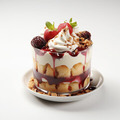 Trifle berries arranged in a beautiful glass with a luscious sauce.