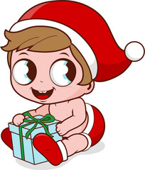 Cute baby with Santa Claus hat holding a Christmas present. Vector illustration