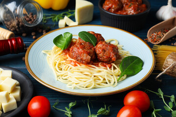 Pasta with meatballs, concept of tasty and delicious food