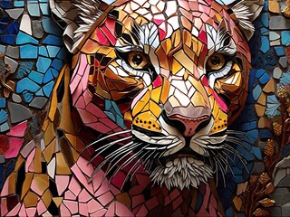 Color mosaic illustration of a wild tiger. Generative Ai.