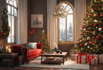 a living room with christmas decor and a christmas tree in the middle