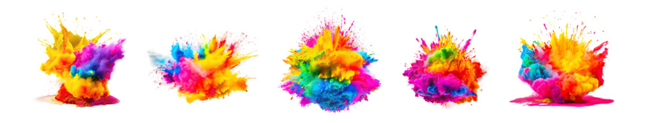 Powerful explosion of colorful rainbow holi powder on transparent background. Collection of saturate paint backdrops, powder splash.