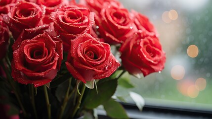 Fototapeta premium Bouquet of red roses with water drops in the vase. Beautiful floral composition for wedding, Valentine's day, birthday.