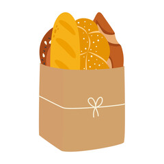 fresh baked grain bread in paper bag, cartoon flat vector illustration of bakery elements isolated on white background, delivery service concept with paper bag full of baked products