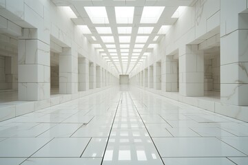 An abstract background image for creative content depicting a surreal corridor with pristine white marble surfaces, providing a versatile backdrop for various projects. Photorealistic illustration