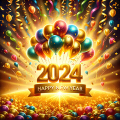 2024 New Year Celebration: Vibrant Balloons, Confetti, and Golden Lights - obrazy, fototapety, plakaty