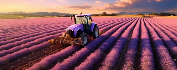 Modern tractor standing in the  field with colorful sunset light, panorama. Generative Ai. - obrazy, fototapety, plakaty