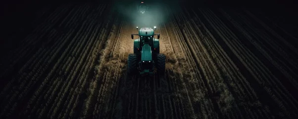 Rolgordijnen Modern tractor standing in the  field with colorful sunset light, panorama. Generative Ai. © annamaria