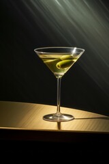 Stylish shot of martini glass with olives on bar table, black background, low-key lighting