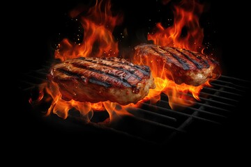 Steak Grills With Fiery Flames On Black Background