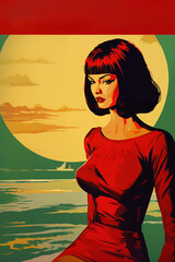 Portrait of a beautiful fashionable woman with a hairstyle and red dress, on a beach, blue sky background, big sun, sea and sunset. Illustrative poster in style of the 1960s