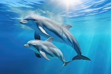 Bottlenose Dolphins In Pristine Blue Water. Сoncept Sunset Over A Mountain Range, Blooming Flowers In A Botanical Garden, Majestic Waterfalls, Serene Beach Scenes