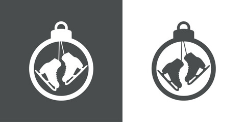 Tiempo de Navidad. Botas para patinaje sobre hielo. Logo con silueta de bola de navidad con un par de patines para hielo colgando de cordones para su uso en invitaciones y felicitaciones