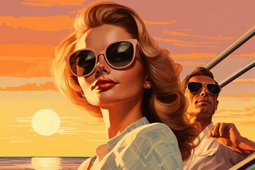 Fototapeta premium Portrait of a romantic couple, man and woman, on a yacht, at sunset, blue sky and sea as background. Illustration, poster in style of the 1960s