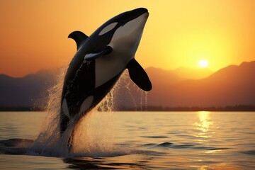 Fototapeta premium Stunning Sunset Shot Of Killer Whale Breaching The Water