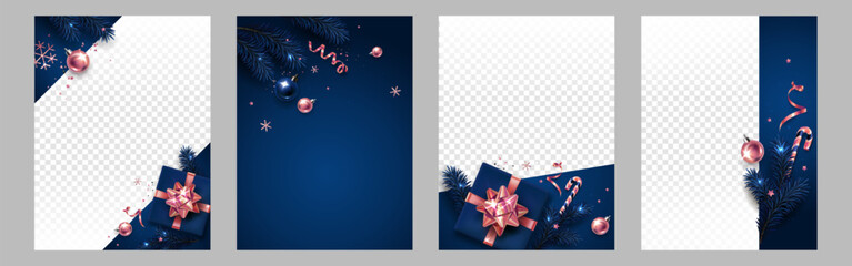 Banner with pink and blue Christmas symbols and text. Christmas tree, balls, tinsel confetti and snowflakes on the blue background. Luxury background.
