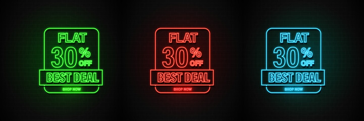 Editable Neon Discount Promotions Button, Glowing Neon light Effects, Super Sale Banner Vector illustrations. 