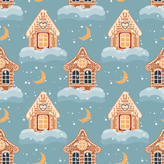 Obraz na płótnie Canvas Christmas seamless pattern of gingerbread houses with snow and moon. Festive background in flat cartoon style. Vector