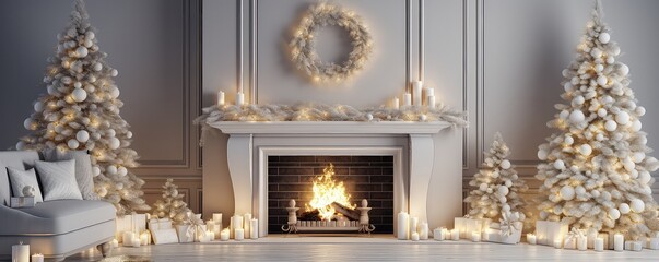 A Fireplace With Candles And Christmas Trees