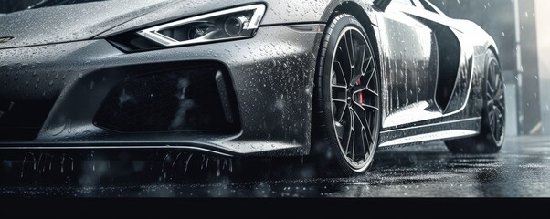 Close up view of luxury  sports car wash with fresh water drops, panorama. Generative Ai