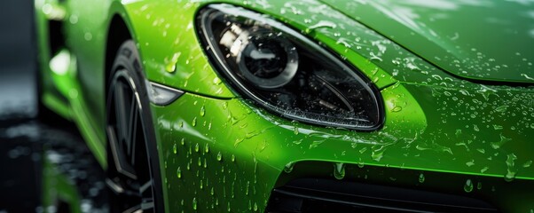 Close up view of luxury  sports car wash with fresh water drops, panorama. Generative Ai