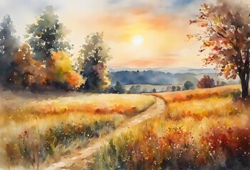 Watercolor painting of autumn meadow with small wildflowers during late autumn sunset with a sunflares in the background. Generative AI.