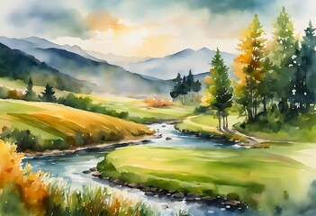A lush, rolling landscape with a gentle stream meandering through vibrant green pastures. The soft, flowing watercolors could capture the peacefulness of the scene. Generative Ai. - obrazy, fototapety, plakaty