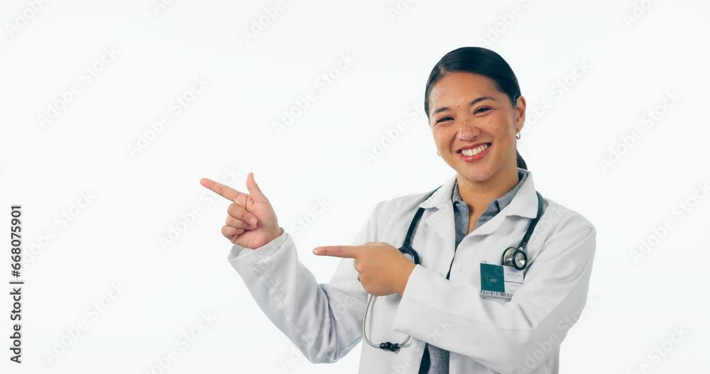 Poster Face, woman and doctor in studio advertising insurance news, medical information and mockup on white background. Portrait of happy asian healthcare worker pointing to space, advice and clinic results