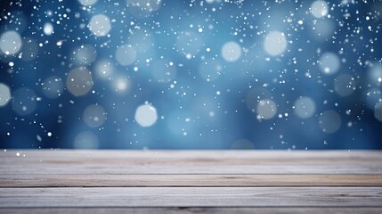 Beautiful snowy, defocused, blurred winter background and empty wooden flooring