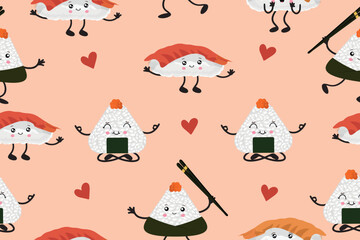 Seamless pattern of sushi and onigiri. Diverse Asian cuisine with kawaii emotions. Vector illustration in cartoon style. Vector 
