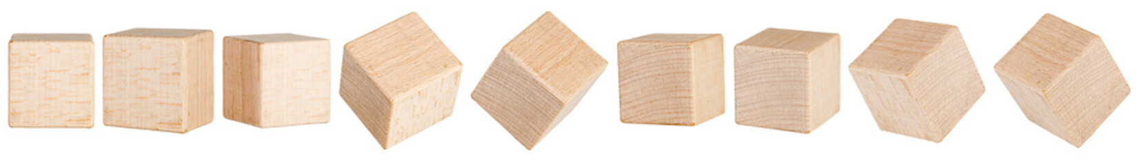 one wooden cubes from different angles on a white background, isolated background close up