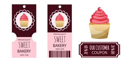 Advertising Design for premium Bakery with coupon and logo with delicious Cake. Cartoon cake with pink cream. Set tags for Bakery shop isolated transparent background. Vector illustration.