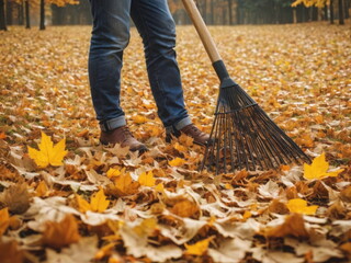 Person rake leaves in autumn
