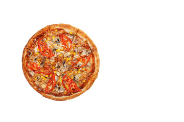 delicious pizza with chicken, mushrooms, cheese, tomatoes and corn on a wooden background, on an isolated white background close-up