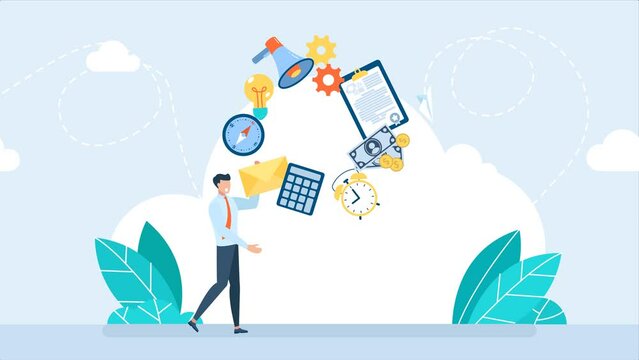 Businessman juggler planning time work. Management concept. Business and finances. Businessman juggling with office equipment. Office worker juggles mail, documents, time, and money. 2d flat animation