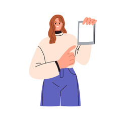 Woman showing blank screen, holding digital tablet computer in hand. Business person pointing at display with finger, advertising, presenting. Flat vector illustration isolated on white background