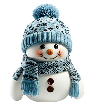 Cute handcrafted smiling snowman in knitted blue hat and scarf. Christmas funny greeting card. New year diy decoration, close up isolated cutout on transparent or white background.