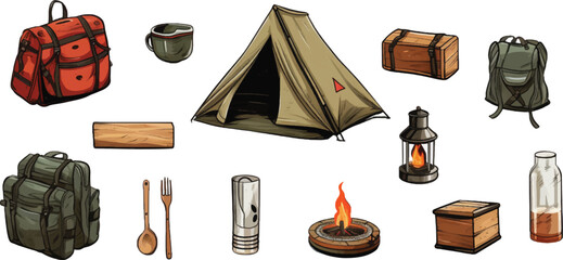 Set of camping illustration equipment on white background.