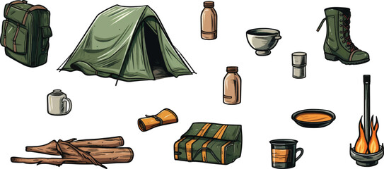 Set of camping illustration equipment on white background.