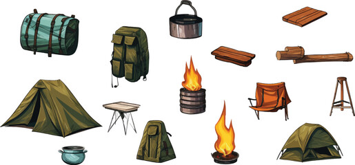 Set of camping illustration equipment on white background.