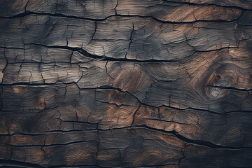 texture of old dark, burnt cracked wood with knots, generative AI