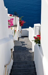 Narrow stone steps, a traditional piece of architecture on the island of Santorini.