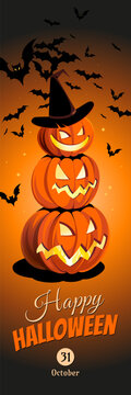Halloween banner with tradition symbols. Pumpkins and bats on the orange background, illustration.
