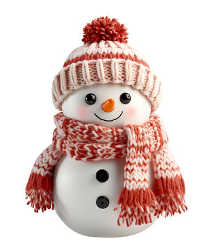 Cute handcrafted smiling snowman in knitted red hat and scarf. Christmas funny greeting card. New year diy decoration, close up isolated cutout on transparent or white background.
