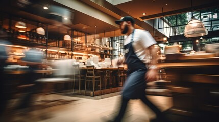 Blurred customers walking fast showing their movement in a coffee shop, cafe or restaurant, Blurred restaurant background with some people and chefs and waiters working.