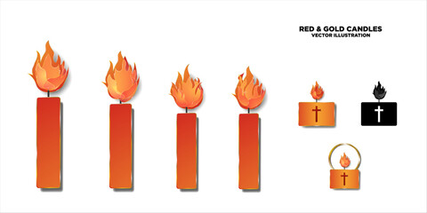 Red Candles with gold lining. Layers of flame with gold edges. Religious candle with cross symbol. 3d paper cut out candle set. Vector Illustration. Vector candles with shadow.